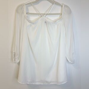 1.State Off-Shoulder White Blouse Cross Chest Back Straps Size Medium PTP 20”-22